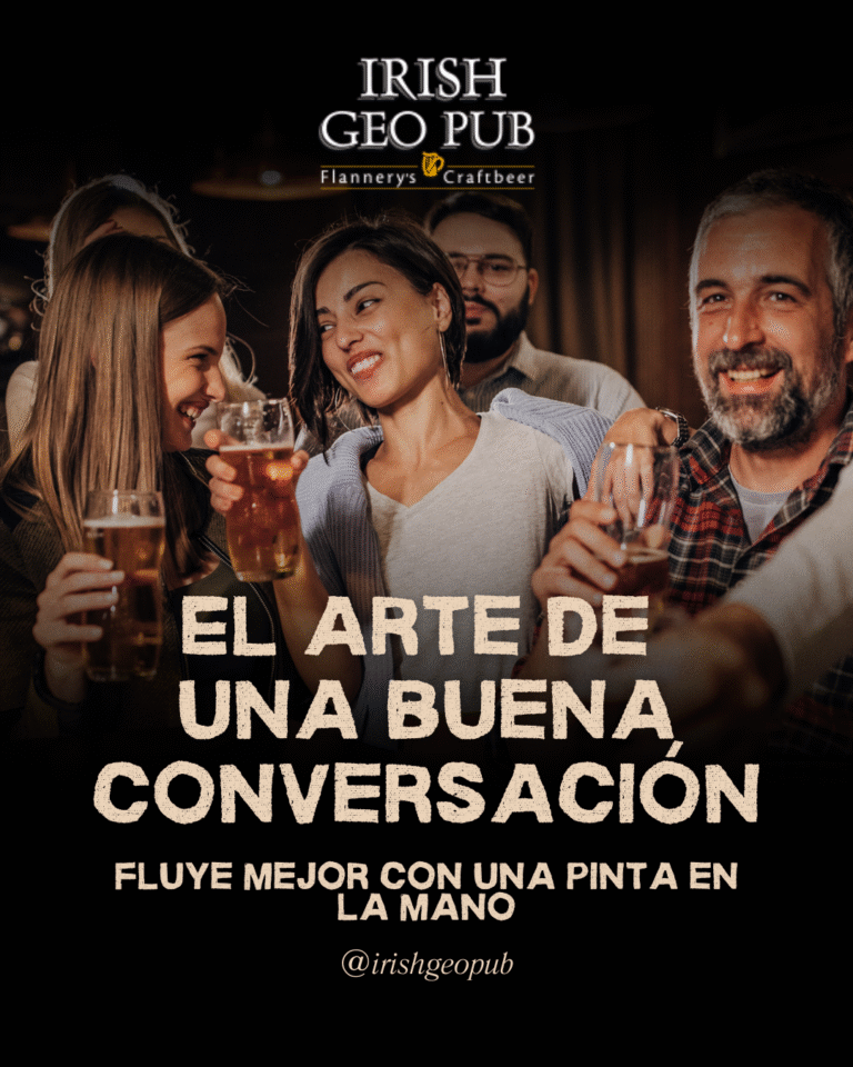 Personas conversando en un pub irlandés con pintas de cerveza, representando la cultura social y las conversaciones que fluyen en Irish Geo Pub Santiago – Imagen creada por Bonobo Agencia