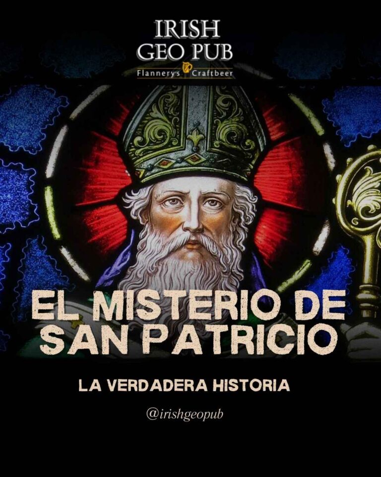 Ilustración sobre la historia de San Patricio y el origen del St. Patrick’s Day con símbolos irlandeses y ambiente de pub en Santiago – Irish Geo Pub por Bonobo Agencia