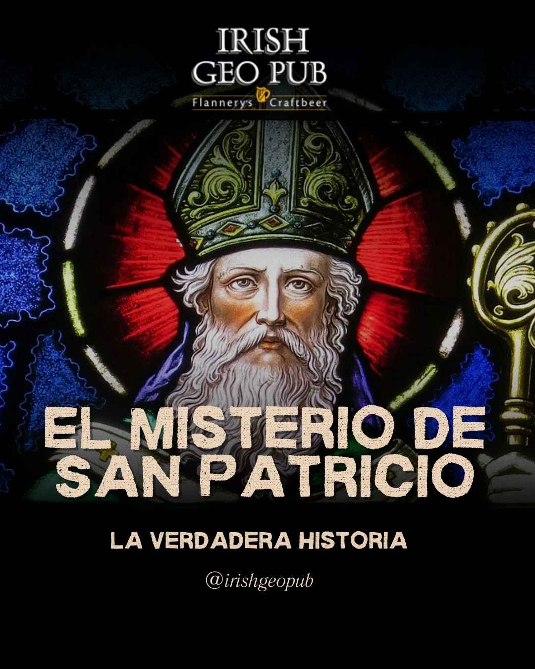 Ilustración sobre la historia de San Patricio y el origen del St. Patrick’s Day con símbolos irlandeses y ambiente de pub en Santiago – Irish Geo Pub por Bonobo Agencia