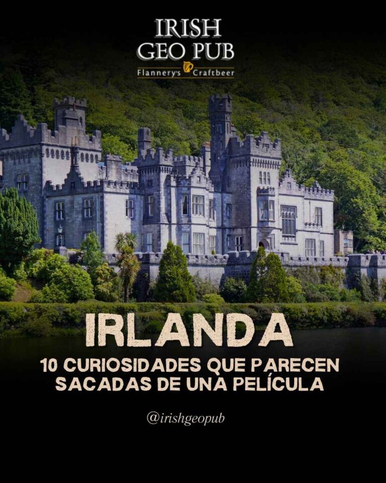 Paisaje verde de Irlanda con castillos y pubs tradicionales representando curiosidades y cultura irlandesa