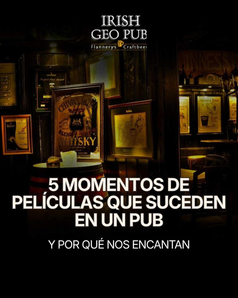 Escena icónica de pub en el cine: atmósfera cálida, madera oscura y pintas de cerveza, inspirada en películas como Shaun of the Dead y The Quiet Man